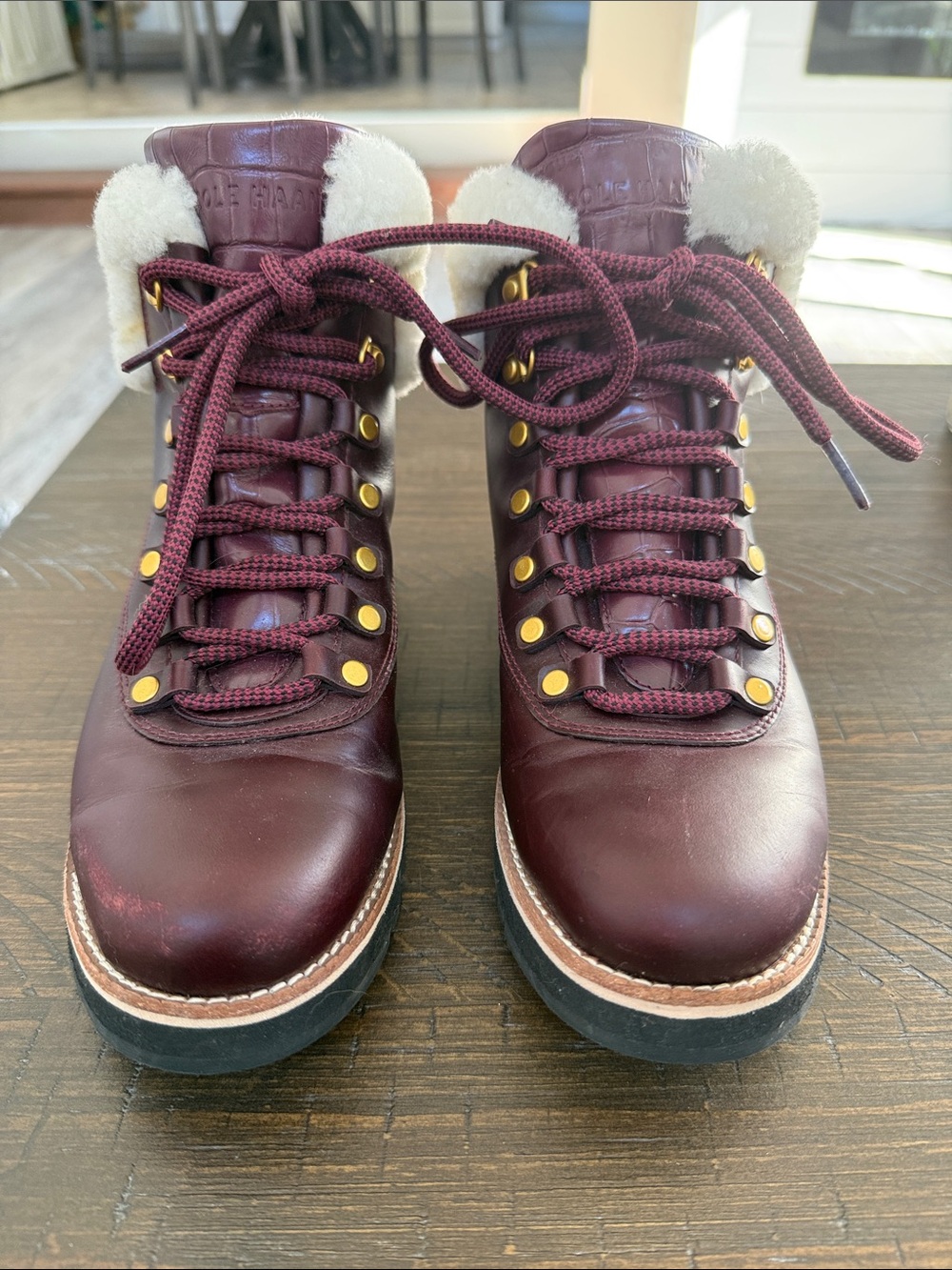 Cole Haan Burgundy Lace-Up Shearling Collar Boots